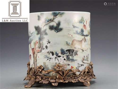 A Chinese Famille Rose Porcelain Beast Brush Pot