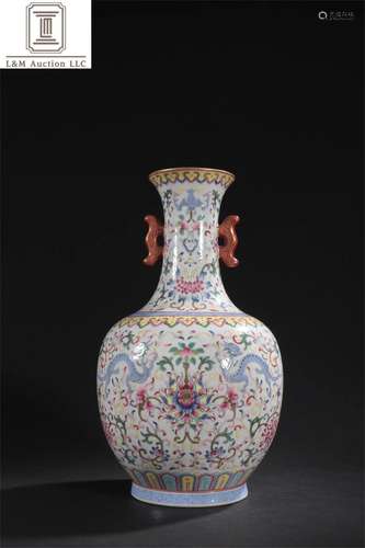 A Chinese Famille Rose Porcelain Vase with Double Ear