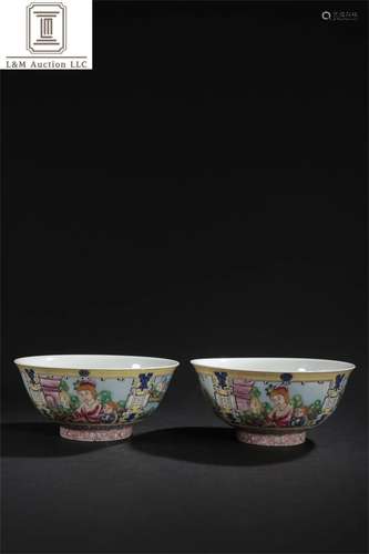 Pair of Famille Rose Porcelain Figure Bowls