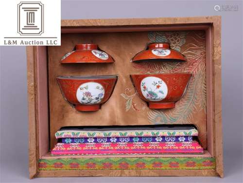 Pair of Red Glazed Famille Rose Porcelain Bowl