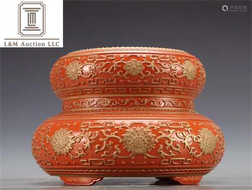 A Chinese Red Glazed Porcelain Flower Incense Burner