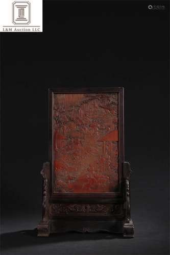 A Chinese Bamboo Table Screen with Figure & Story