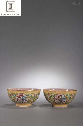 Pair of Famille Rose Porcelain Gourd Patterned Bowls