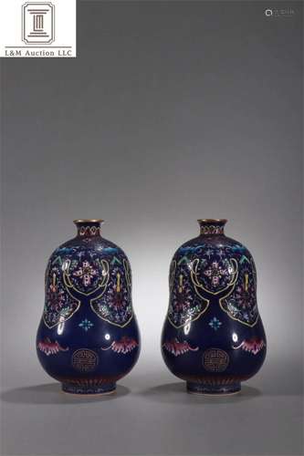 Pair of Blue Glazed Famille Rose Porcelain Vases