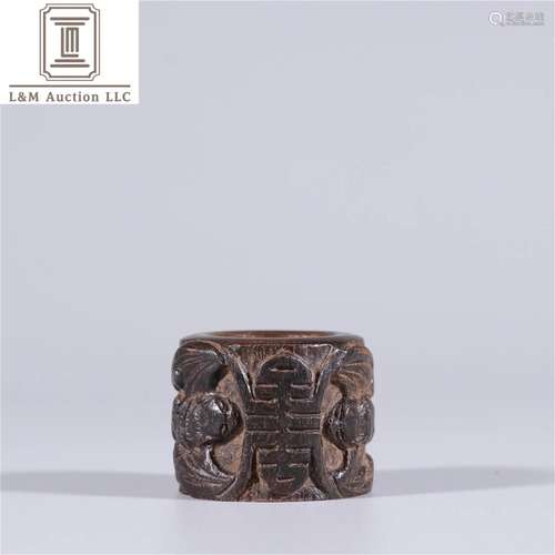 A Chinese Carved Agarwood Bat Patterned Thumb Ring