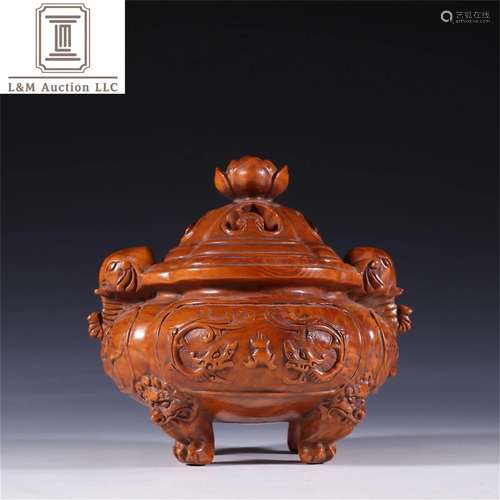 A Chinese Carved Boxwood Elephant Ear Incense Burner