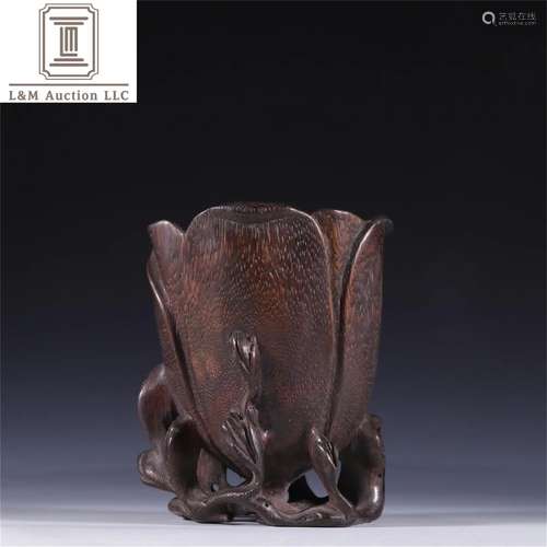 A Chinese Carved Agarwood Flower Patterned Cup