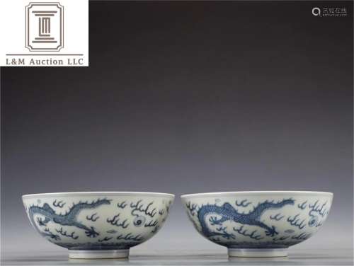 A Pair of Blue and White Porcelain Dragon Bowls