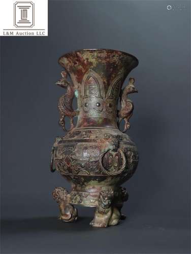 A Chinese Bronze Double Ear Beast Patterned Vase