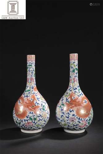 A Pair of Famille Rose Porcelain Long Neck Vases