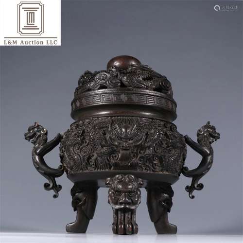 A Chinese Zitan Wood Dragon Incense Burner