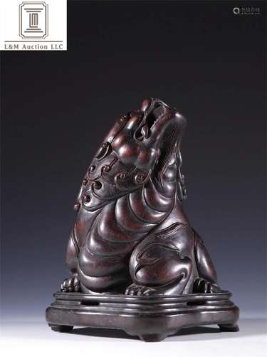 A Chinese Carved Zitan Wood Beast Patterned Censer