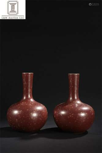 Pair of Iron Red Glazed Porcelain Long Neck Vase