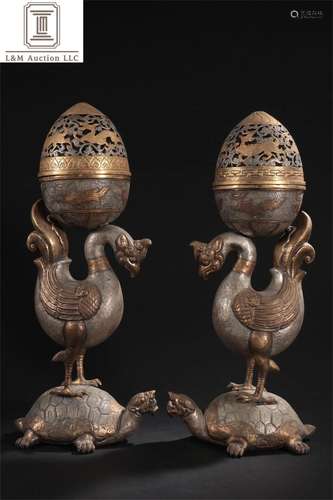 Pair of Gilt Bronze Phoenix Shaped Incense Burners