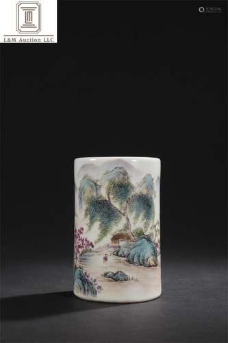 A Chinese Porcelain Landscape Patterned Brush Pot