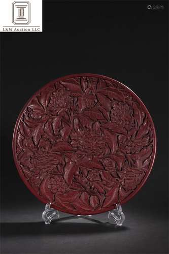 A Chinese Carved Lacquer Flower Plate with Calligraphy