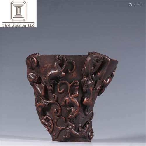 A Chinese Carved Agarwood Dragon Patterned Cup