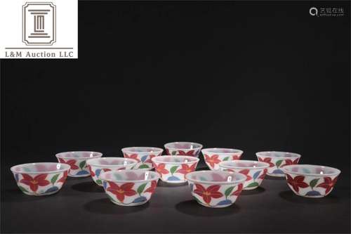 A Set of Colored Glass Flower Patterned Cups