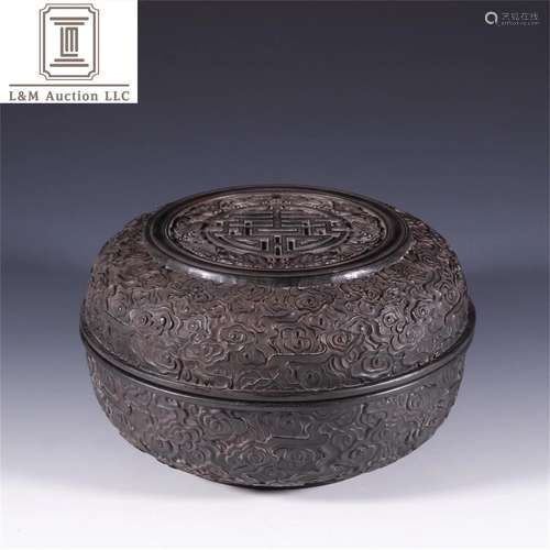 A Chinese Carved Zitan Wood Lidded Container with Bat