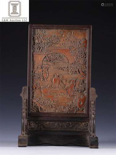 A Chinese Carved Bamboo Figure & Story Table Screen