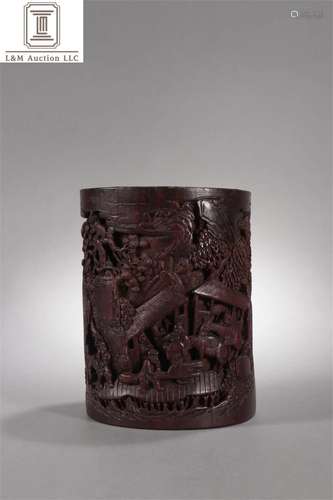 A Chinese Carved Bamboo Figure Patterned Brush Pot