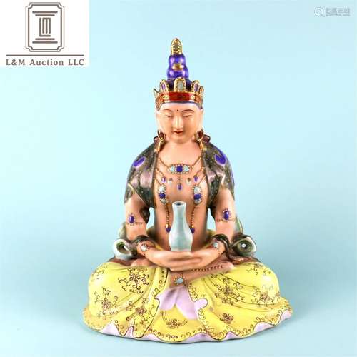 A Chinese Enamel Glazed Porcelain Guanyin Statue