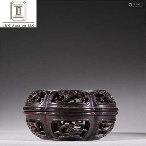 A Chinese Zitan Wood Lidded Container with Eight