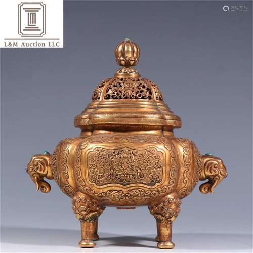 A Chinese Gilt Bronze Elephant Ear Incense Burner