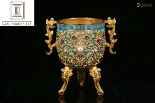 A Chinese Gilt Bronze Flowrer Dragon Ear Cup