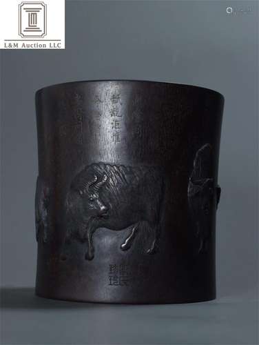 A Chinese Carved Zitan Wood Brush Pot