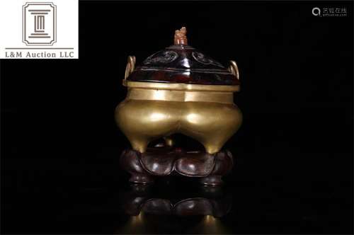 A Chinese Gilt Bronze Double Ear Incense Burner