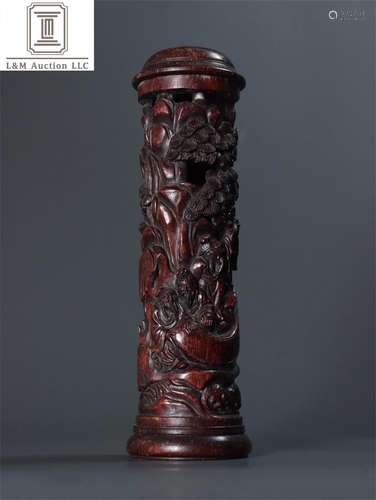 A Chinese Hardwood Incense Holder with Figure and Story