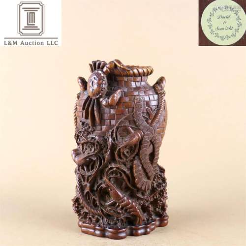 A Chinese Carved Boxwood Brush Pot