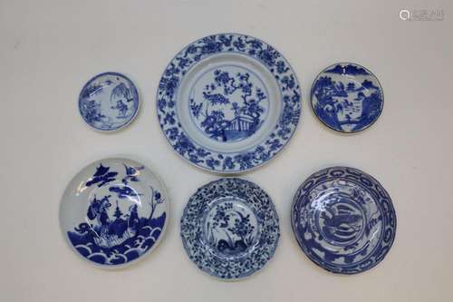 Set van 6 Chinese porseleinen blauw/wit bordjes met landscha...