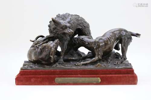 DE PORTE get. 'Wolf met hond' bronzen groep - Hoogte...