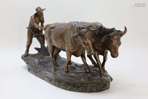 DROUOT E. get. 'Boer met ploeg en stieren' bronzen b...