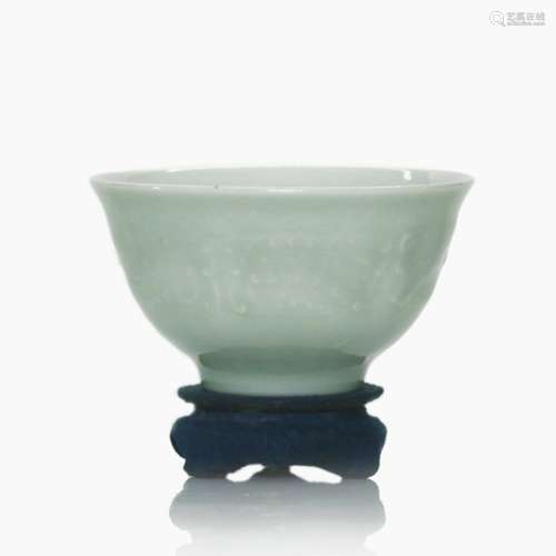 A Small Chinese Celadon Glazed Porcelain Cup With Wood Stand