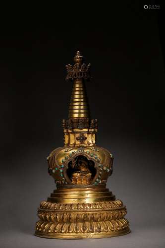 Antique Qing Gilt Bronze Stupa Shrine, With Statue