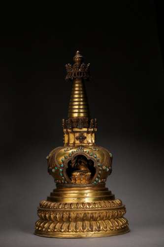 Antique Qing Gilt Bronze Stupa Shrine, With Statue