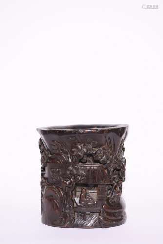 An Antique Agarwood Figures Brush Holder, Qing Dynasty