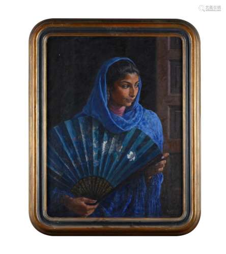 Figura feminina com leque, Óleo s/tela, 83 x 63 cm