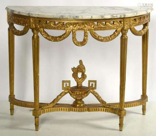 Console demi-lune Louis XVI en bois sculpté et doré à décor ...