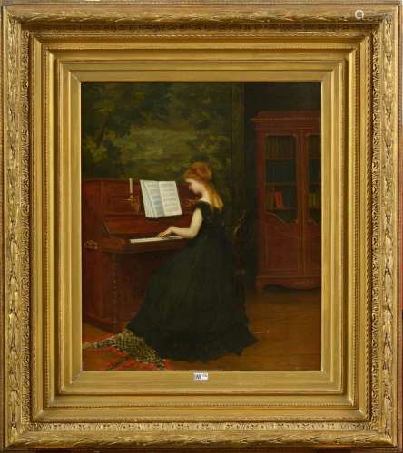 Huile sur toile "La jeune pianiste". Signé en bas ...