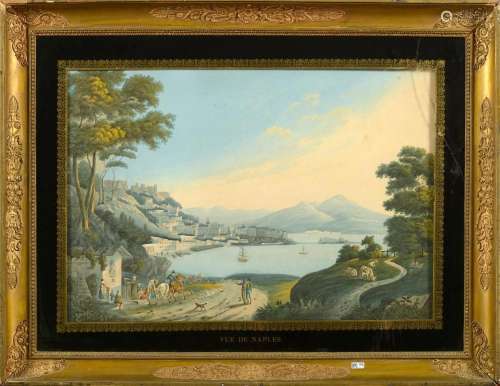 "Vue de la baie de Naples", gravure aquarellée sur...