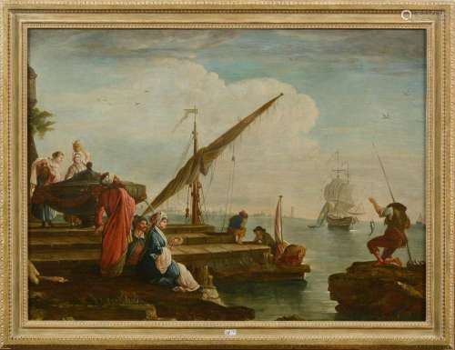 Huile sur toile marouflée sur toile "Scène portuaire an...