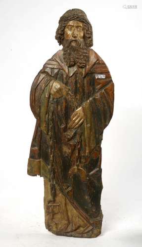 "Saint Pierre" en bois sculpté en bas-relief et pa...