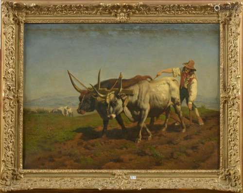 Huile sur toile "Paysan et son attelage de bovins au ch...