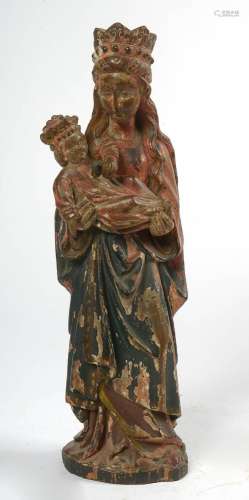 "Vierge à l'Enfant" en bois sculpté et polychr...