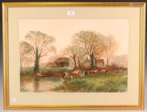 Henry Charles Fox - Watering Cattle with Barns beyond, water...