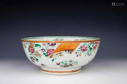 Chinese Export Faux Tobacco Leaf Floral Punch Bowl